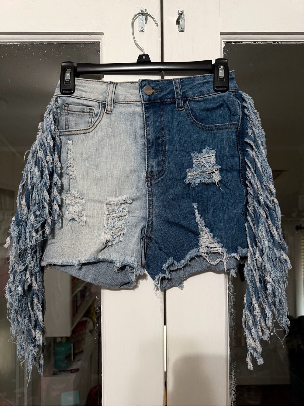 SHEIN Light and Dark Blue Two-Tone Denim Shorts with Fringe